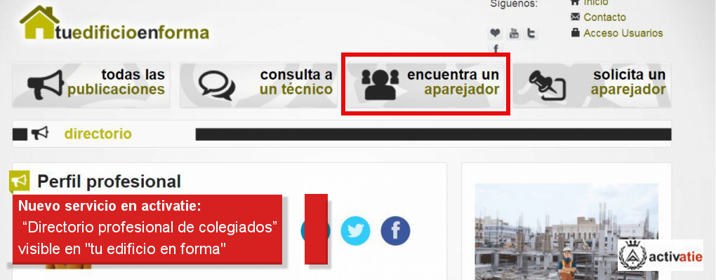 Nuevo servicio en activatie: “Directorio profesional de colegiados” en “Tu edificio en forma”