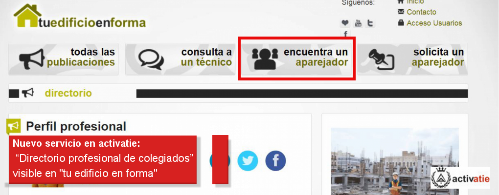 Nuevo servicio en activatie: “Directorio profesional de colegiados” en “Tu edificio en forma” 