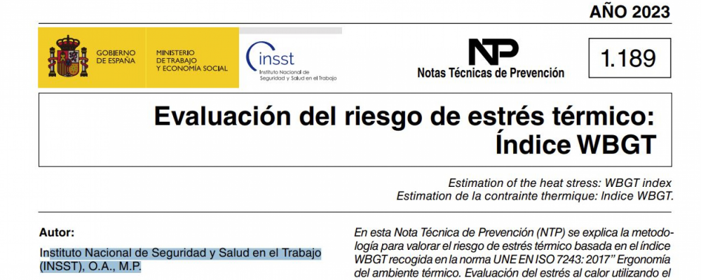 Evaluación del riesgo de estrés térmico: Índice WBGT. NTP 1189 2023