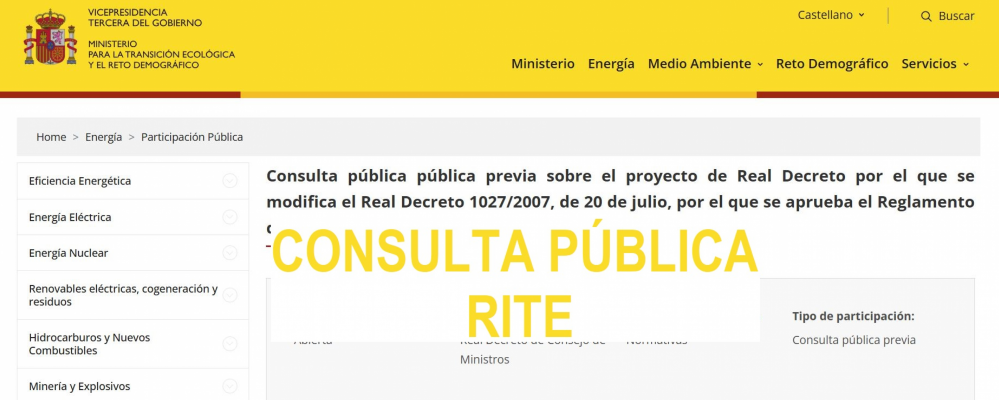 Consulta pública sobre el el proyecto de RD que modifica el RITE